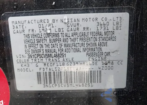 2021 Nissan Kicks Sv Xtronic Cvt z USA, uszkodzony, nr VIN 3N1CP5CV5ML468251